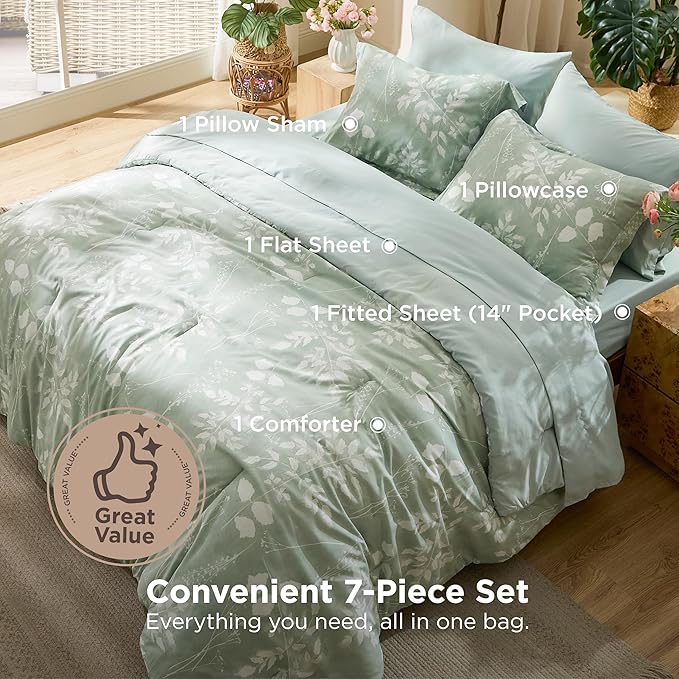 Bedsure Twin Comforter Set - 5 Pieces Floral Sage Green Soft Bedding Sets, Twin Bed in a Bag with Botanical Flowers Comforter, Sheets, Pillowcase & Sham