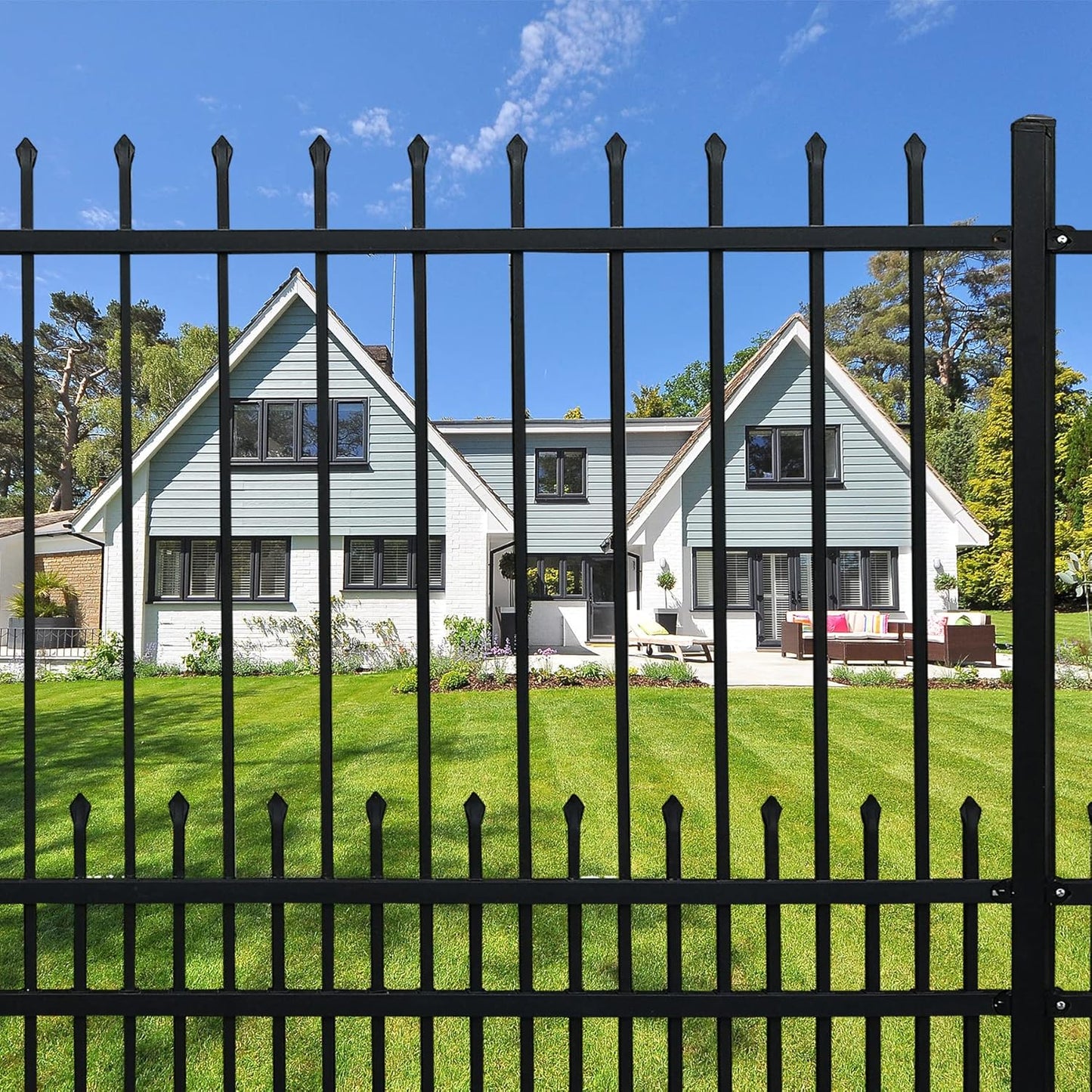 Metal Fence Panels with Dog Pickets, 6ft H x 6.5ft W Galvanized Steel Fence DIY Installation for Outdoor Garden Fence incl. 1 Fence Post, Wrought Iron Style Steel Fence, Black (Upgraded)