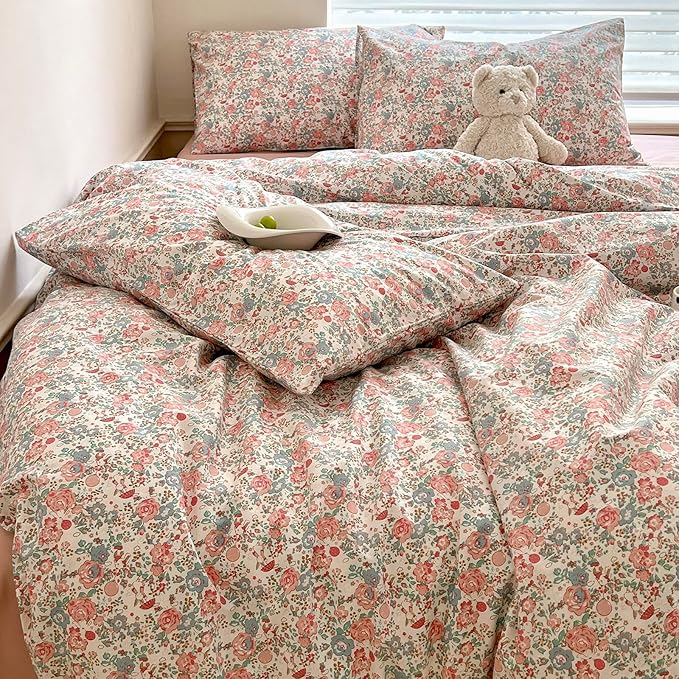 LifeTB Queen Size Comforter Set Boho Pink Floral Bedding Comforter with 2 Pillowcases Vintage Garden Style Boho Comforter for Queen Bed Cute Flower Bedding Fluffy Cottagecore Botanical Comforter Set