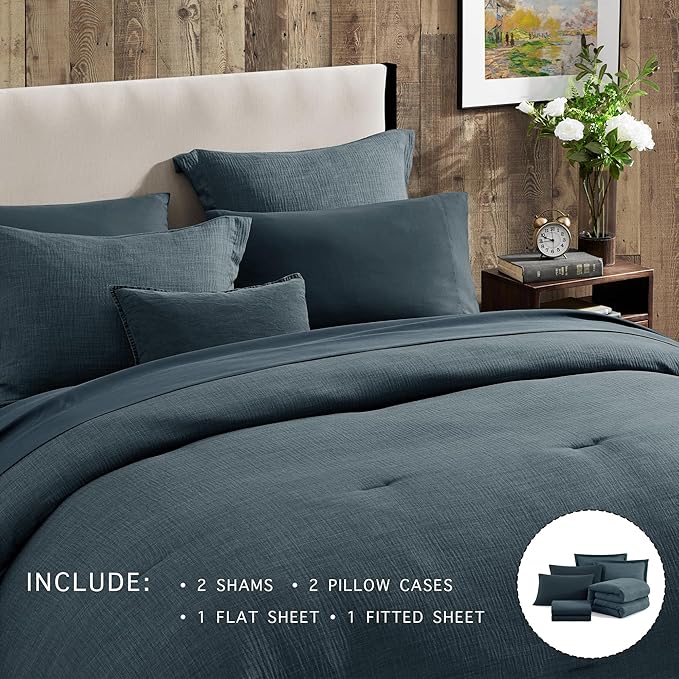 Geniospin Full Comforter Set - 7 Pieces Comforter Full Size, Solid Bedding Sets for All Season, Textured Bed in a Bag with Flat Sheet and Fitted Sheet, Pillowcases and Shams (Navy Blue, 80''x90'')