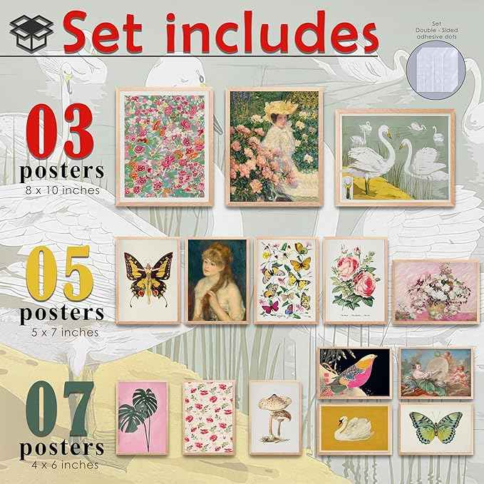 LANCHI95 15 Pcs Maximalist Gallery Wall, Colorful Eclectic Decor, Colorful Art, Girls Room, Vintage Wall Art Prints, Moody Maximalist Bedroom Decorations (UNFRAMED)