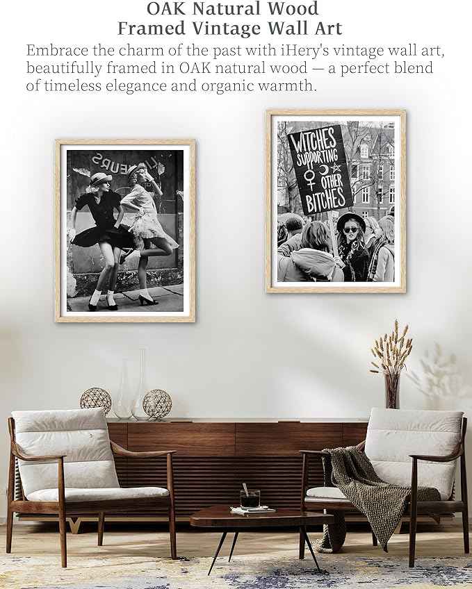 iHery Natural OAK Wood Framed Vintage Women Dancing Wall Art, 12x16in Beige Frame Canvas Retro Women Fashion, Chic Ladies Posing, Black and White Print, Vintage Feminist Wall Decor Set of 1