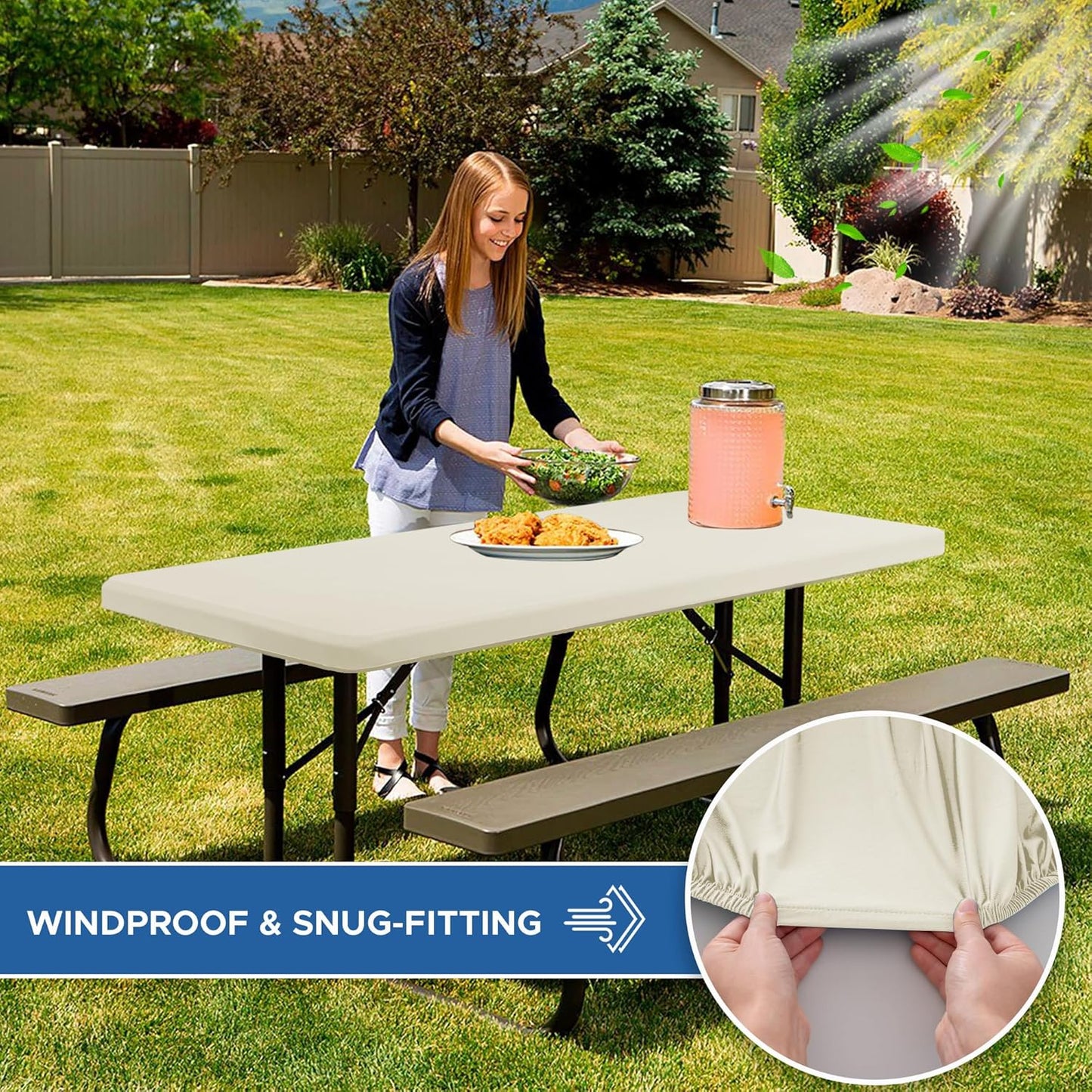 Fitted Tablecloth for 8 Foot Rectangle Tables-6 Pack Cream Elastic Outdoor Picnic Table Cover-Spandex Stretch Folding Table Cloths 8ft for Camping Dining Room Patio Kitchen Banquet Party