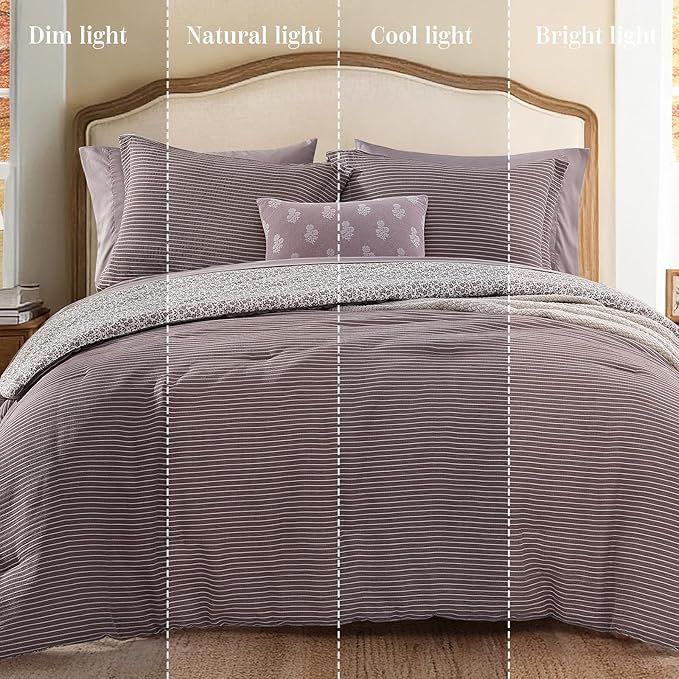 King Comforter Set - 7 Pieces Deep Purple Gauze Muslin Bedding Sets for All Seasons, Lightweight Breathable Bed in a Bag King with Revesible Farmhouse Comforter, Sheets, Pillowcases & Shams