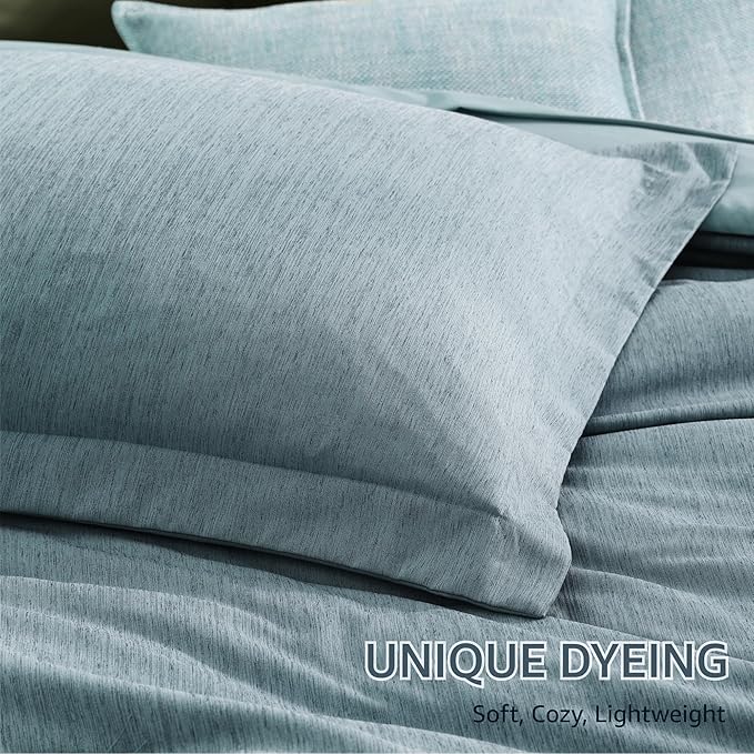 Monbix Full Size Comforter Set-7 Pieces Dusty Blue Cationic Dyeing Bed in a Bag Full Bedding Sets with Comforter, Sheets, Pillowcases & Shams, All Season Reversible Bedding Comforters