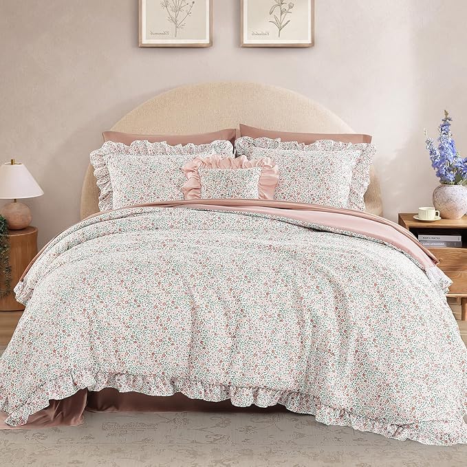 Twin XL Comforter Set - 5 Pieces Ruffle Pink Ditzy Bedding Sets, Shabby Chic Farmhouse Bed in a Bag Twin XL with Floral Comforter, Sheets, Pillowcase & Sham