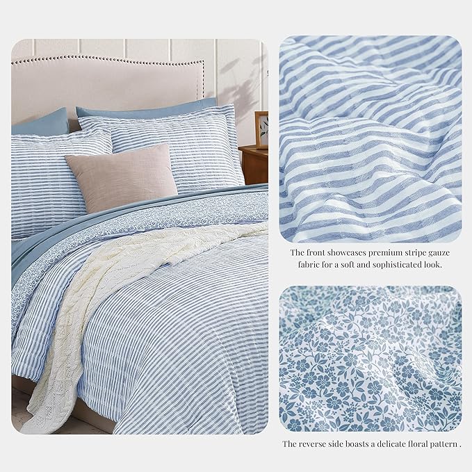 Full Comforter Set - 7 Pieces Blue Gauze Muslin Bedding Sets for All Seasons, Lightweight Breathable Bed in a Bag Full with Revesible Farmhouse Comforter, Sheets, Pillowcases & Shams