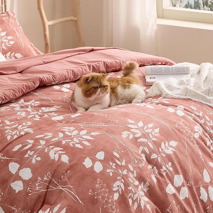Bedsure Dusty Pink Twin Comforter Set - 5 Pieces Floral Bedding Sets, Twin Bed in a Bag with Reversible Botanical Flowers Comforter, Sheets, Pillowcase & Sham