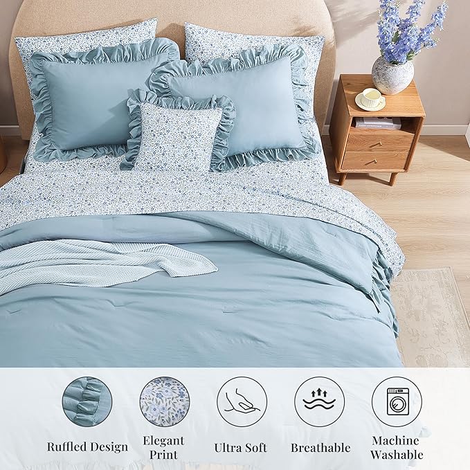 Oversized Queen Comforter Set - 7 Pieces Ruffle Blue Bedding Sets, Shabby Chic Farmhouse Bed in a Bag with Ruffle Comforter, Floral Sheets, Pillowcases & Shams