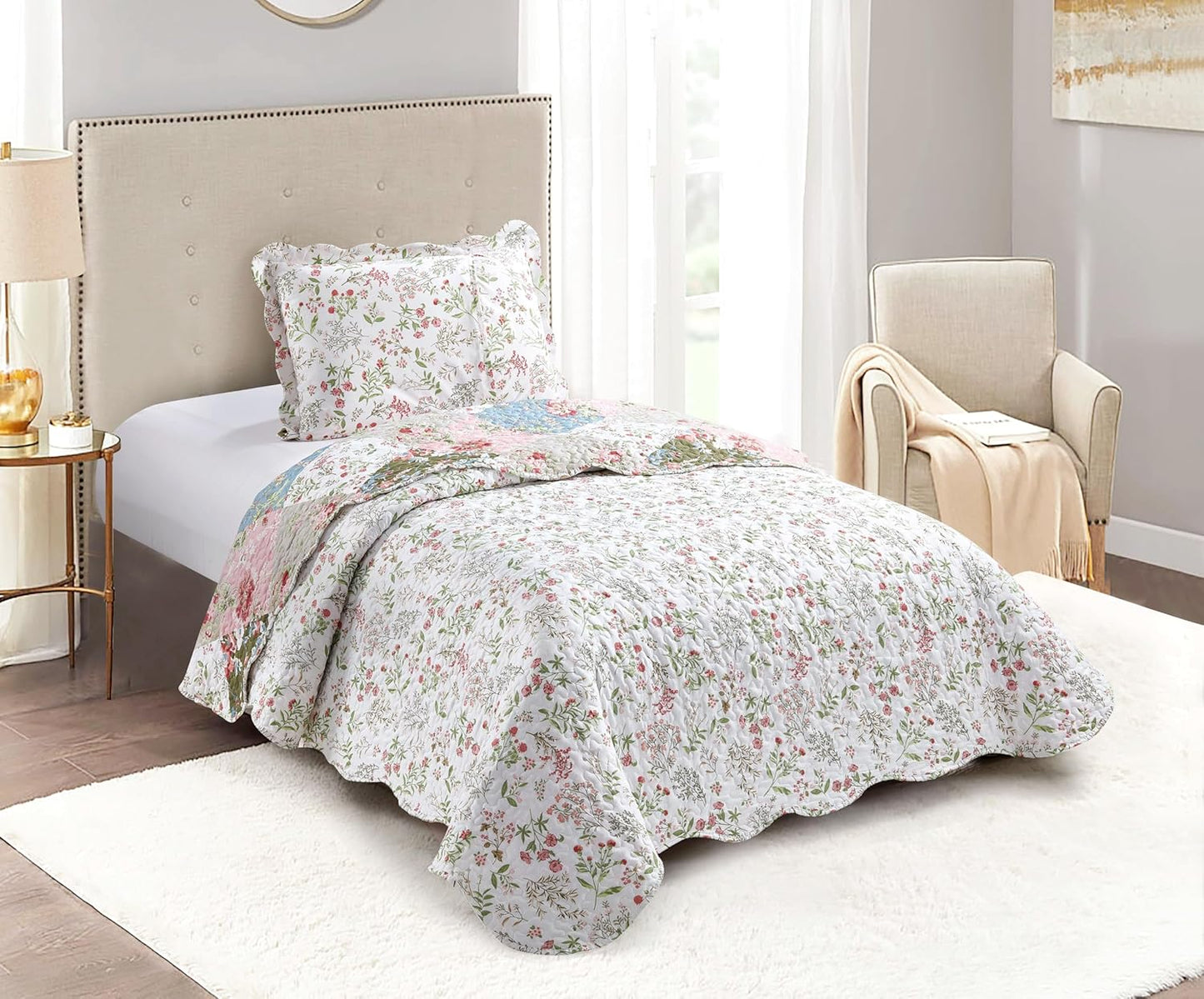 Brilliant Sunshine Peach and Olive Flowers Patchwork, 2-Piece Quilt Set with 1 Sham, Reversible Bedspread, Soft Lightweight Coverlet, All-Season, Twin, Peach Olive