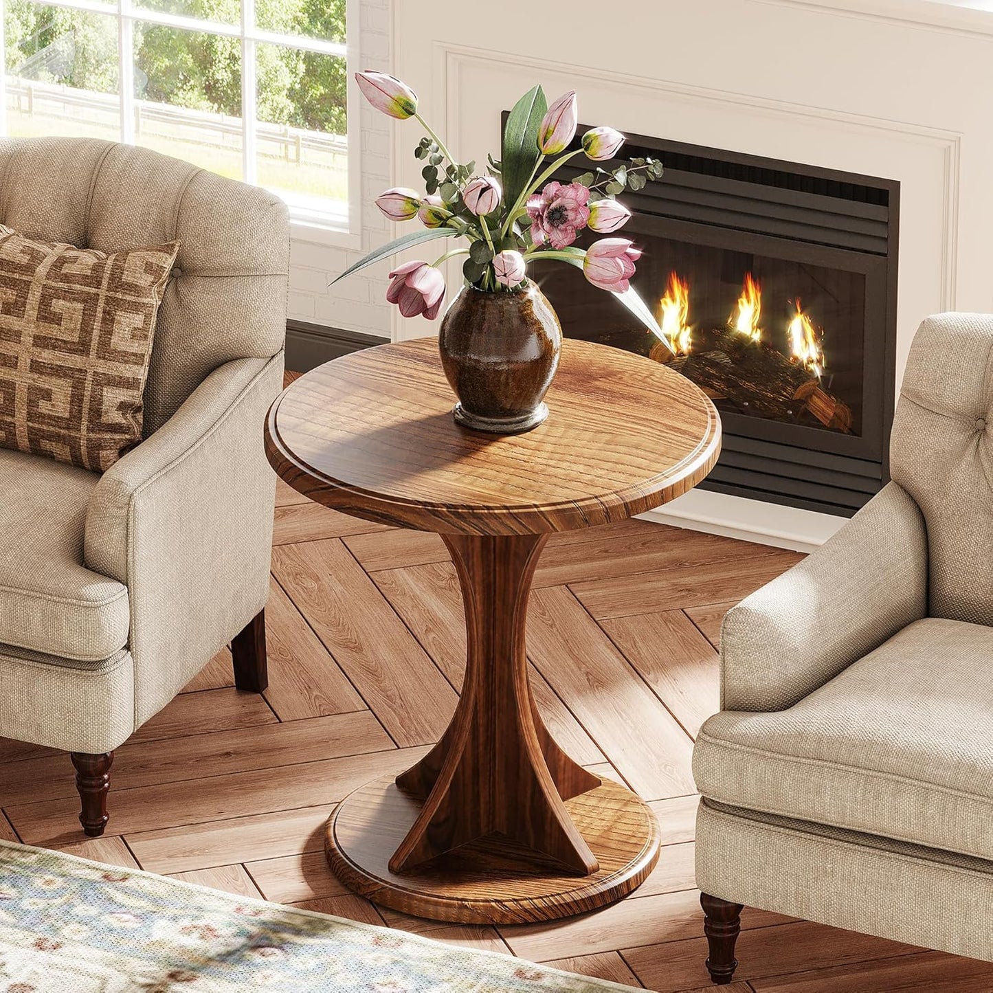 Tribesigns Round End Side Table: Wood Small Sofa Chair Side Table for Living Room, Mid-Century Bedside Nightstand for Bedroom, Accent Table, Easy Assembly, Vintage Brown