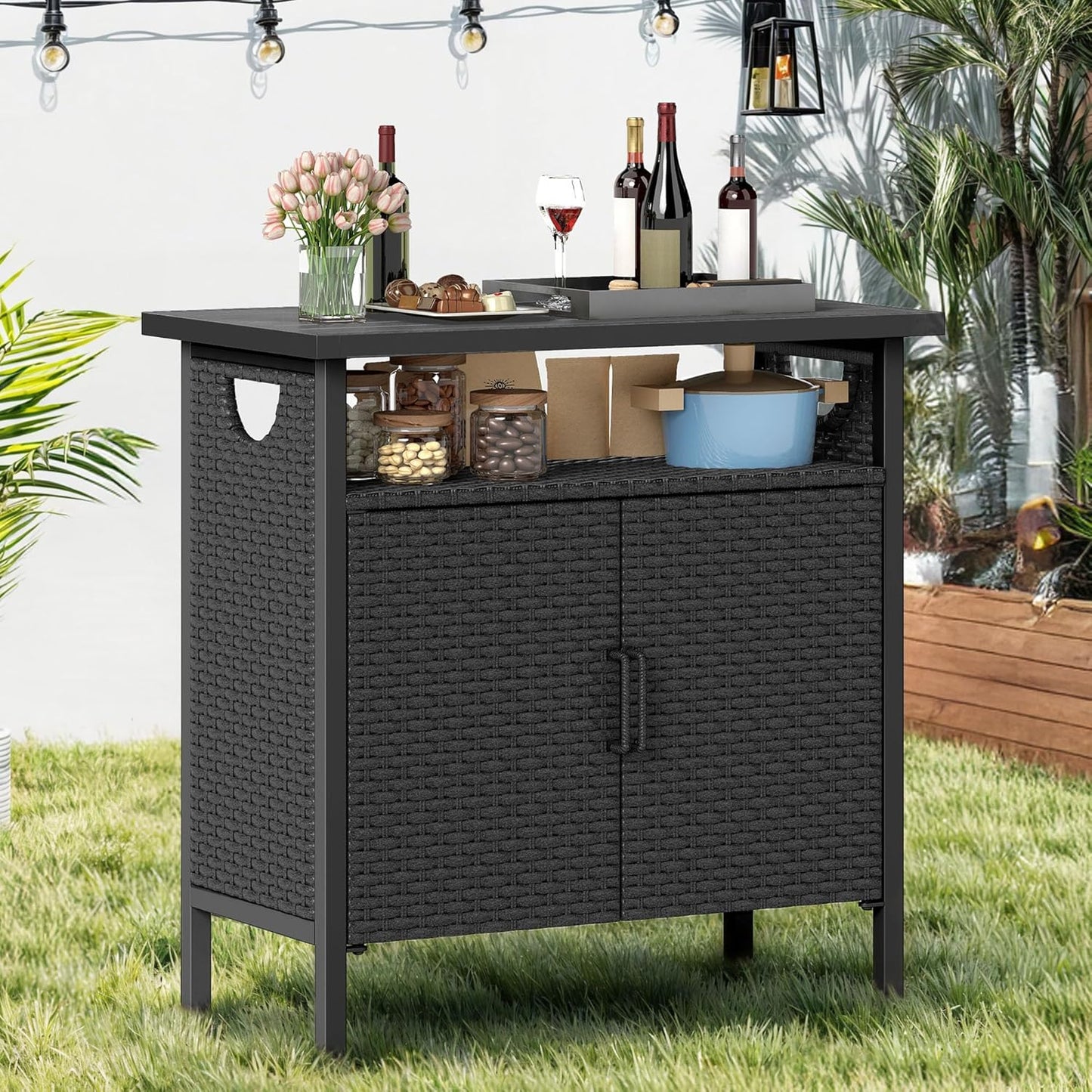 DWVO Patio Storage Cabinet, Outdoor Buffet Cabinet with Two Doors and Shelves, Outdoor Storage Bar Table with PE Rattan for Patio, Backyard, Garden - Black