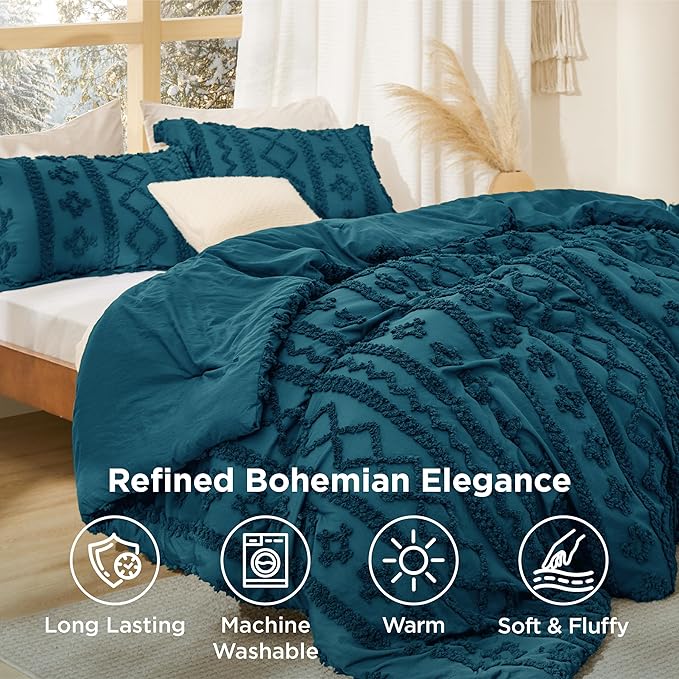 Bedsure Tufted Boho Comforter Set King Size - Teal Boho Bed Set, GentleSoft 3 Pieces Farmhouse Shabby Chic Embroidery Bedding, Gifts for Woman, Soft Jacquard King Comforter for All Seasons