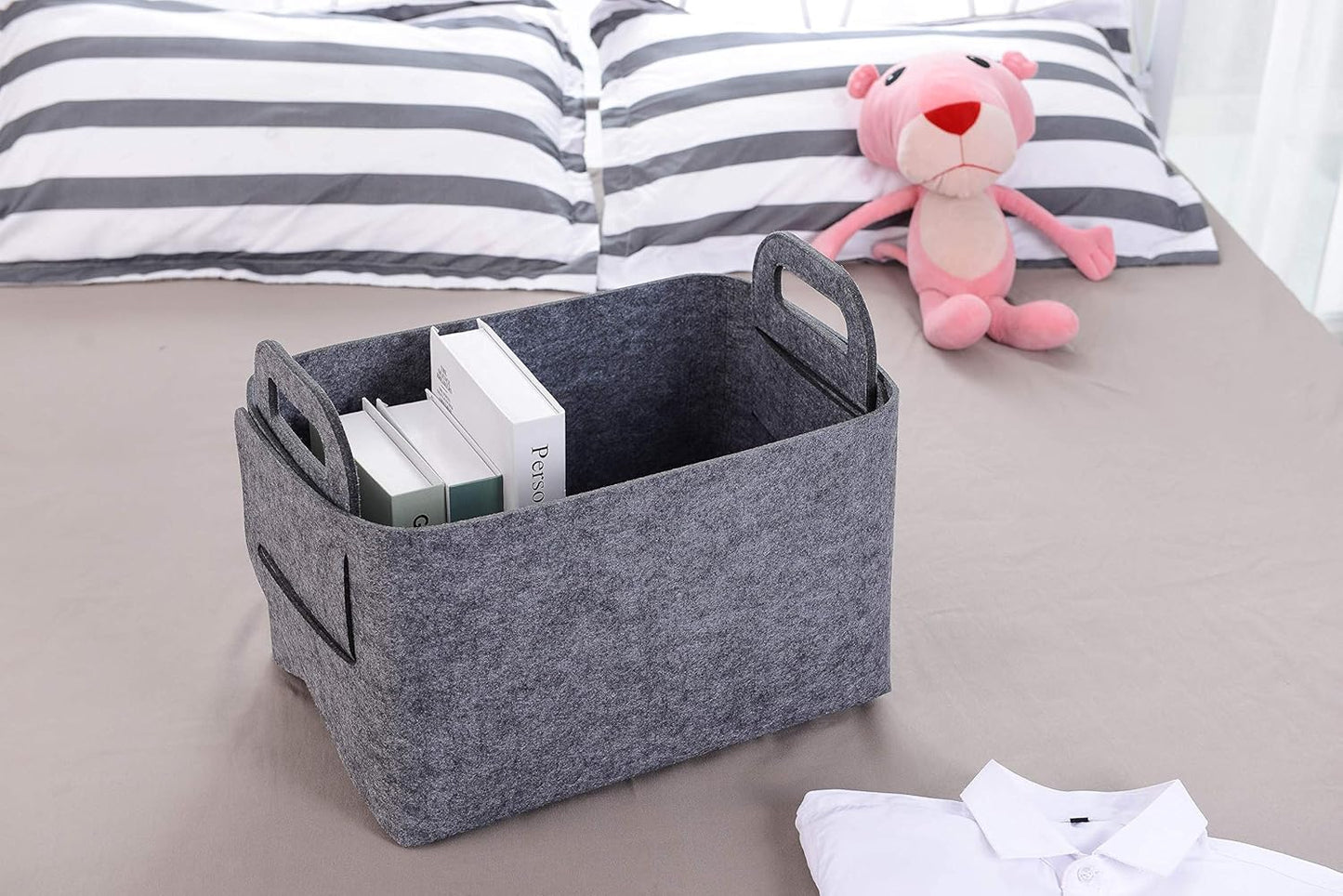 Minoisome Storage Basket Felt Storage Bin Collapsible& Convenient Box Organizer with Carry Handles for Office Bedroom Closet Babies Nursery Toys Laundry (Gray, 15.7inch（L）×11inch（W）×10inch（H）)