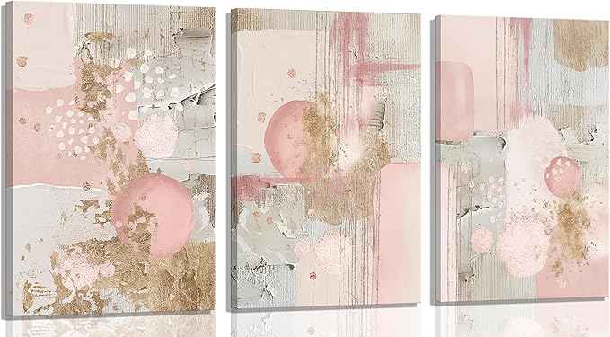 3Pcs Framed Pink and Gold Canvas Wall Art Abstract Posters Print Geometric Pictures Decor for Living Room Bedroom Bathroom Home Decoration