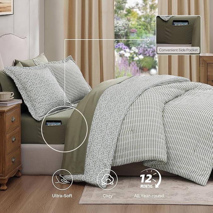Full Comforter Set - 7 Pieces Green Gauze Muslin Bedding Sets for All Seasons, Lightweight Breathable Bed in a Bag Full with Revesible Farmhouse Comforter, Sheets, Pillowcases & Shams