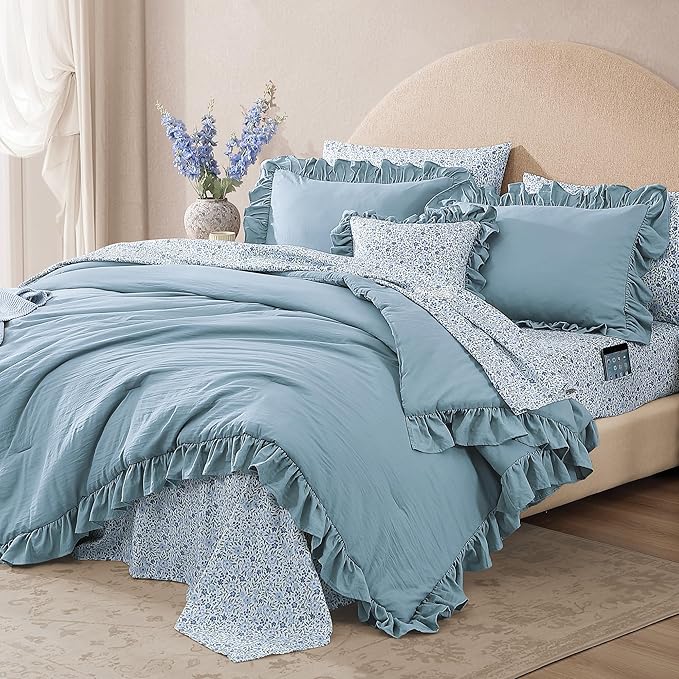 California King Comforter Set - 7 Pieces Ruffle Blue Bedding Sets, Shabby Chic Farmhouse Bed in a Bag with Ruffle Comforter, Floral Sheets, Pillowcases & Shams