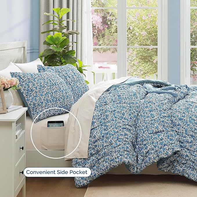 Full Size Comforter Sets - 7 Pieces Puff Blue Floral Bedding Set for All Seasons, Shabby Chic Farmhouse Bed in a Bag Full with Floral Comforter, Sheets, Pillowcases & Shams