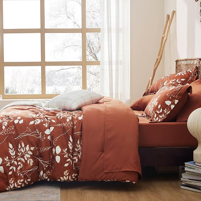 Bedsure Queen Comforter Set - 7 Pieces Floral Terracotta Soft Bedding Sets, Queen Bed in a Bag with Botanical Flowers Comforter, Sheets, Pillowcases & Shams