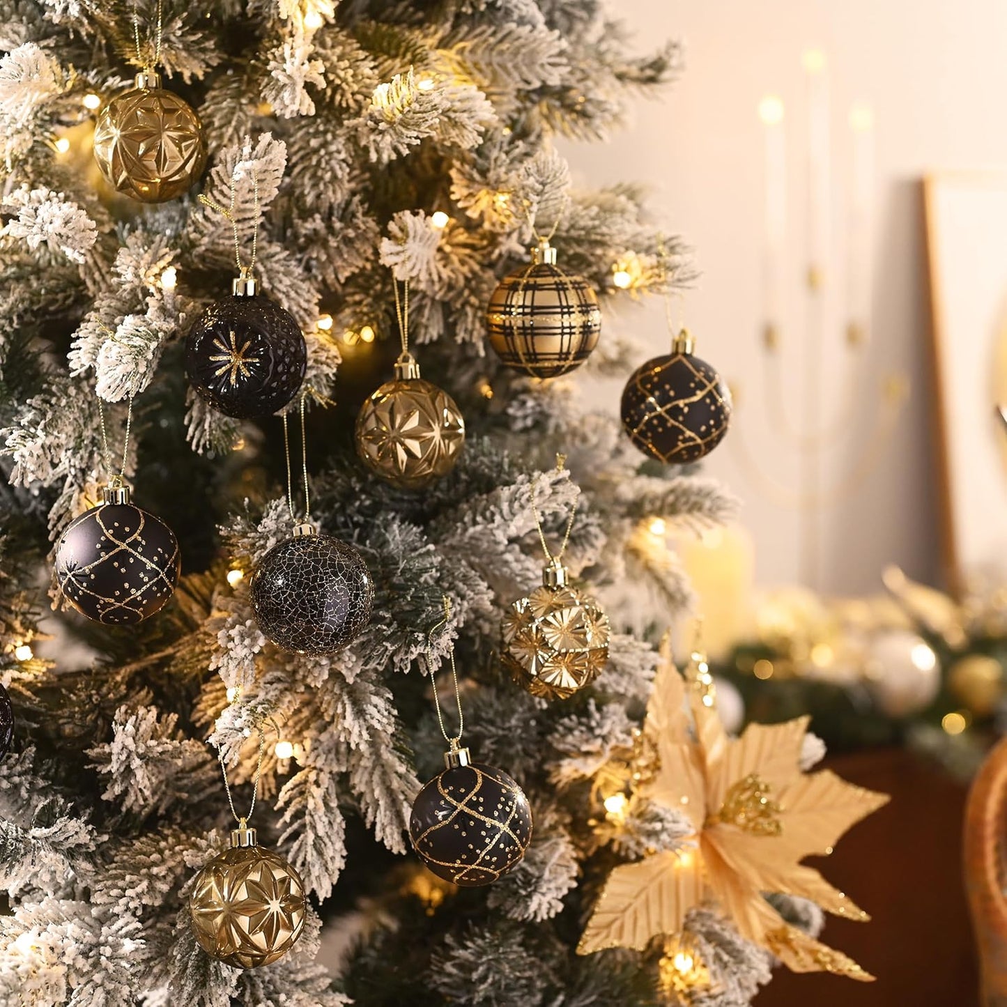 Valery Madelyn Ornaments for Christmas Trees, 16ct 2.36 Inches Black and Gold Shatterproof Christmas Tree Decorations, Luxury Hanging Ball Ornaments for Xmas Holiday Party Decor