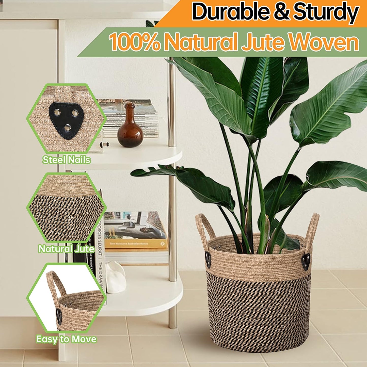 14"x12" Natural Jute Rope Woven Storage Basket with Handles for Plant, Blankets,Toys,Clothes,Shoes - Living Room Home Decor,Multifunctional Basket for Organizer,Picnic,Artificial Tree