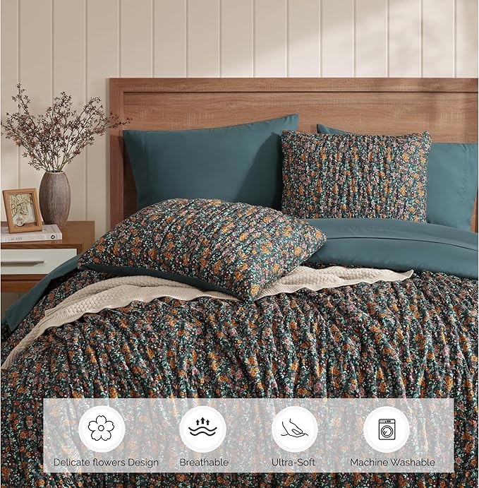 King Comforter Set-7 Pieces Dark Green Classic Puff Floral Bedding Sets for All Seasons,Shabby Chic Farmhouse Bed in a Bag King with Wildflowers Fluffy Comforter,Sheets, Pillowcases & Shams