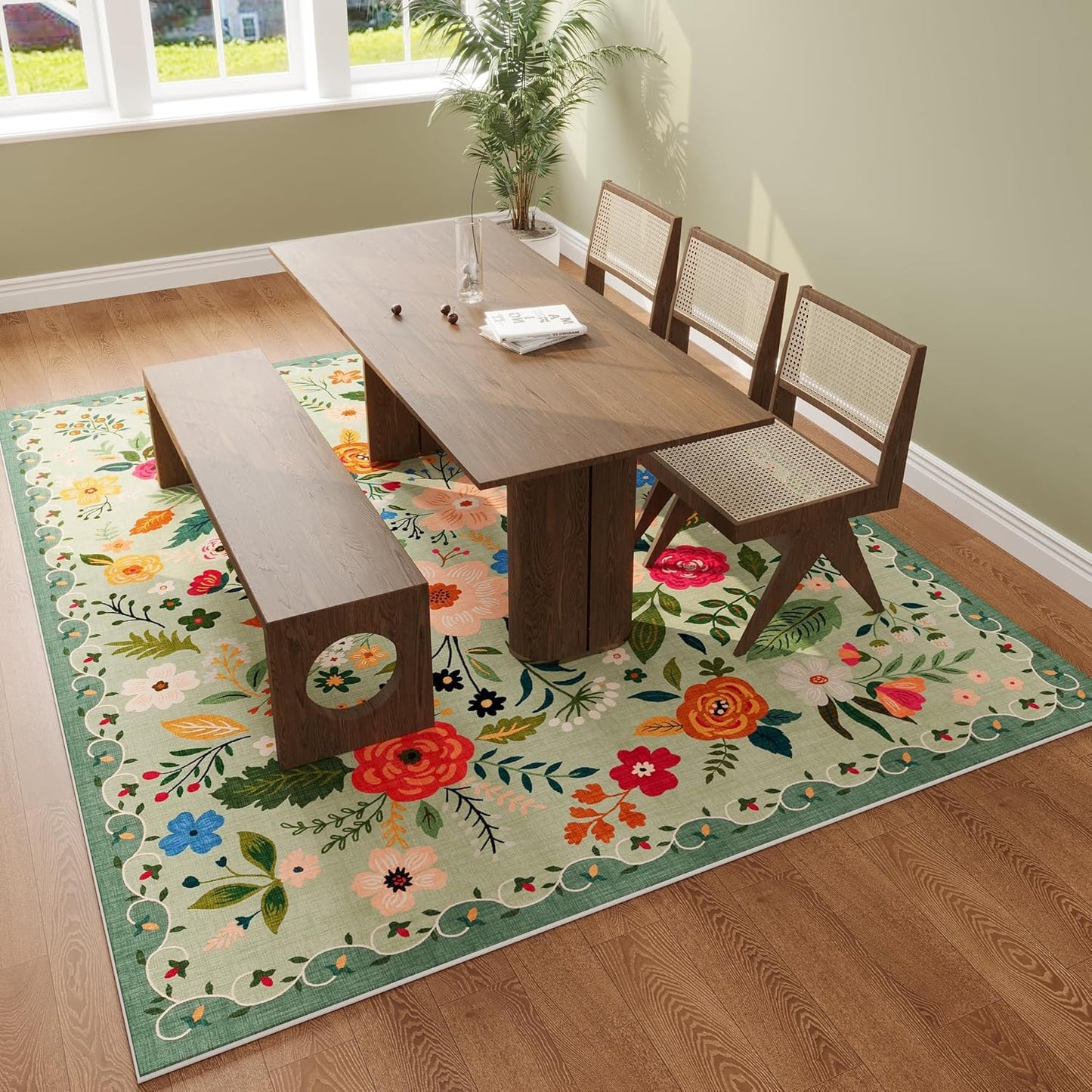 Area Rugs 8x10 Rug for Living Room Clearance Washable Boho Area Rug Non Slip Floral Vintage Low Pile Large Rug for Living Room, Bedroom, Farmhouse, Dining Room, Kids Playroom(Green)