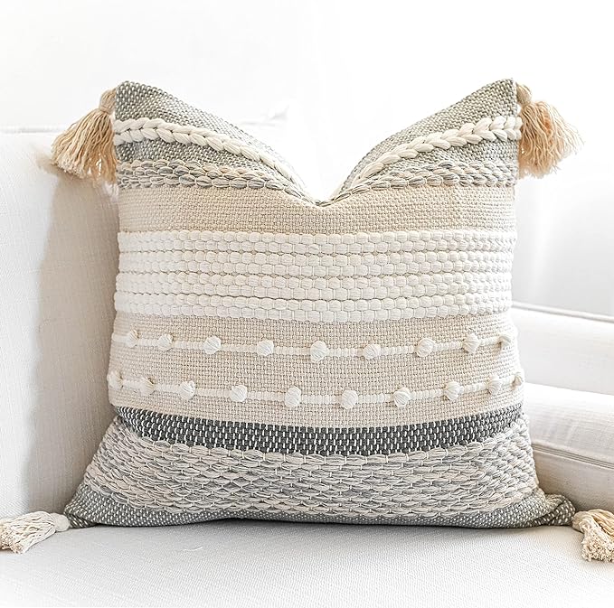 BlissBlush Gray Boho Throw Pillow Cover 20x20 Grey Decorative Accent Pillow for Couch Square Woven Textured Pillowcase Modern Farmhouse Pillow for Bed Bohemian Pillow Cover (Pack of 1)
