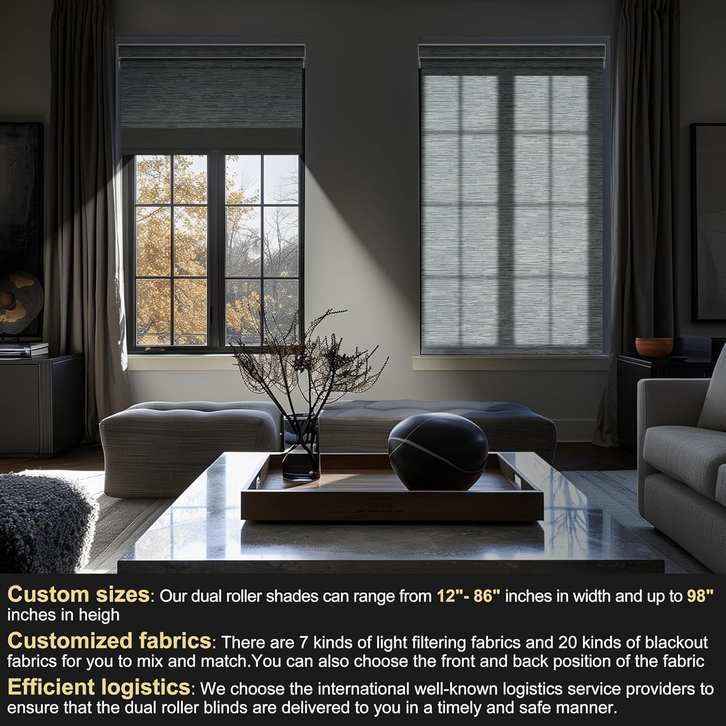 BERISSA Cordless Double Roller Shades with Cassette Valance, Blackout and Light Filtering Day and Night Roller Shades for Home Office Door, Striped Jacquard Grey, 34 W x 80" H