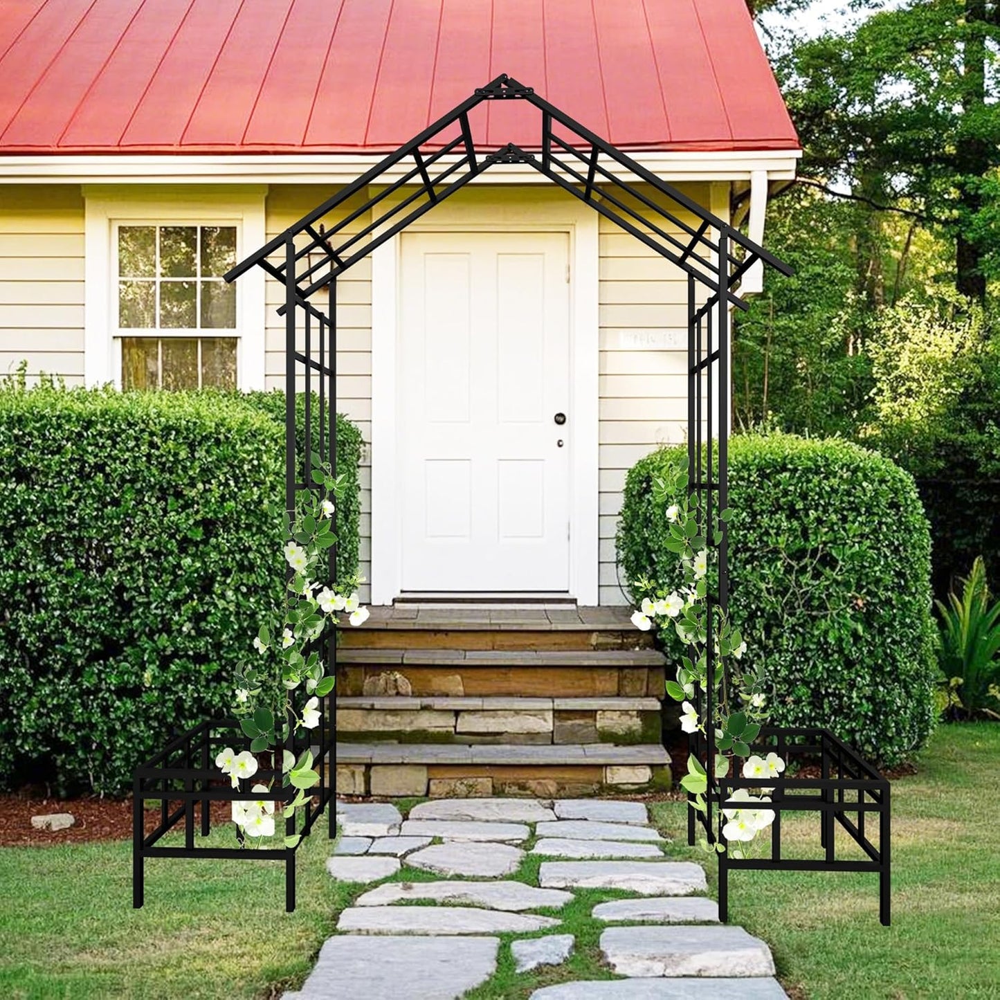 Metal Garden Arch with Plant Box Adjustable Width W68.11'' ~W94.29'' Garden Trellis Climbing Plants Support Rose Arch Outdoor Wedding Party Events Archway,Black