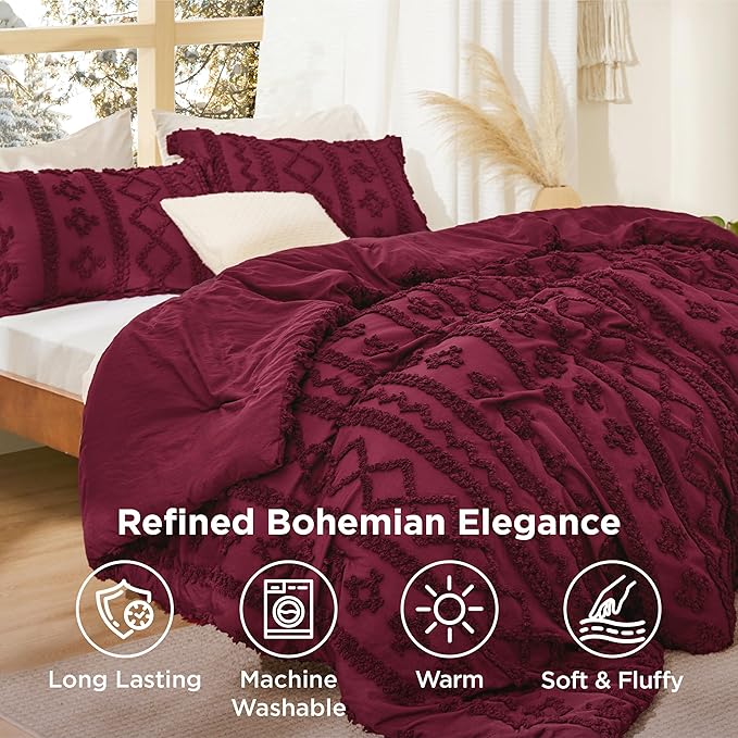 Bedsure Tufted Boho Comforter Set Twin Size - Burgundy Boho Bed Set, GentleSoft™ 2 Pieces Farmhouse Shabby Chic Embroidery Bedding, Gifts for Woman, Soft Jacquard Twin Comforter for All Seasons