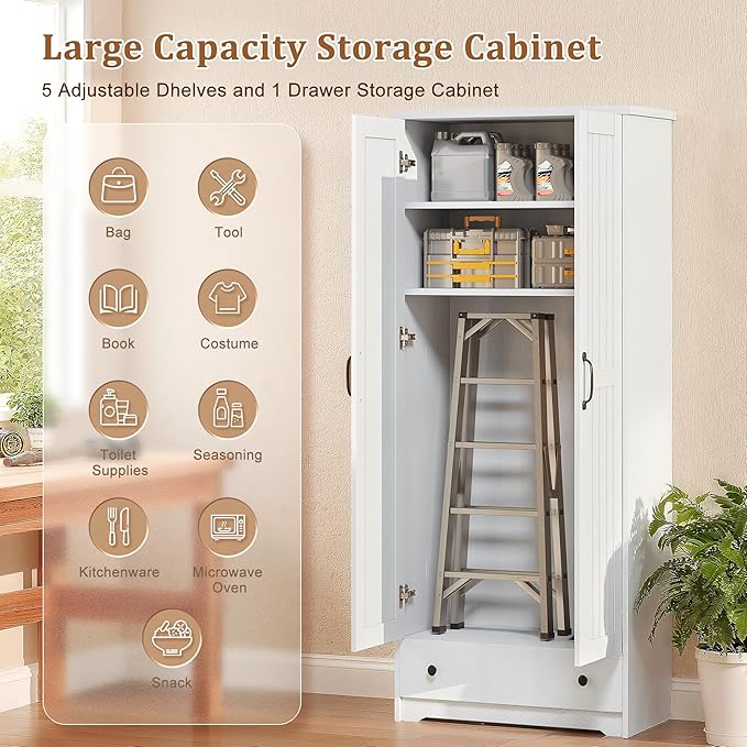 70" Tall Storage Cabinets, Large Wood Storage Pantry Cabinet with 6 Adjustable Shelves, Drawer & 2 Striped Doors, Standing Utility Cabinet for Kitchen, Dining Room, Bathroom (White)