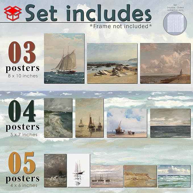 LANCHI95 15 Pcs Maximalist Gallery Wall, Colorful Eclectic Decor, Colorful Art, Girls Room, Vintage Wall Art Prints, Moody Maximalist Bedroom Decorations (UNFRAMED) (Seascape, Unframed)