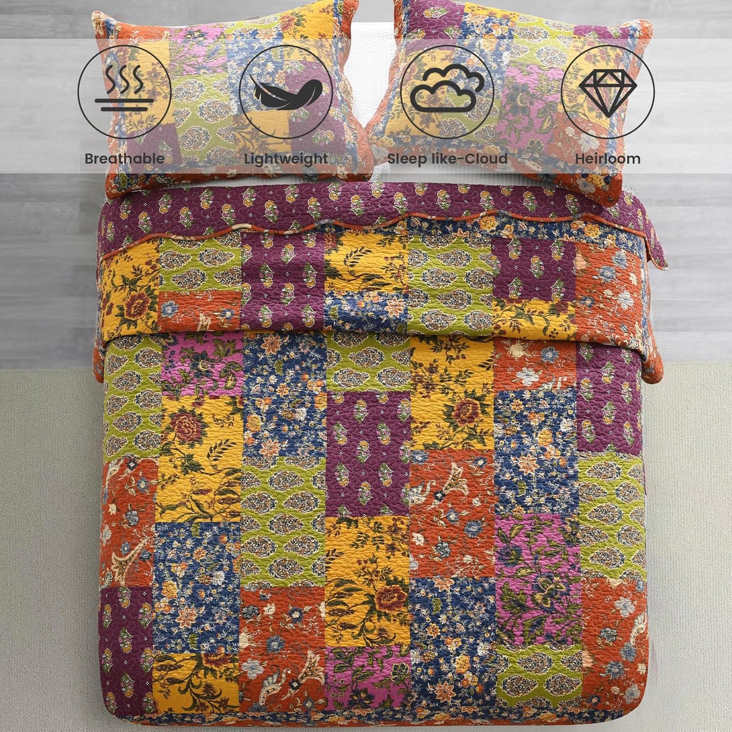 Secgo Queen Comforter Set for Bed - 100% Cotton Quilts Queen Size, Black Bedspreads (90 * 98 Inch) with 2 Pillow Shams, Patchwork Reversible Lightweight Bedding