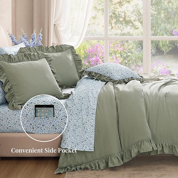Oversized Queen Comforter Set - 7 Pieces Ruffle Sage Leaf Bedding Sets, Shabby Chic Farmhouse Bed in a Bag with Ruffle Comforter, Floral Sheets, Pillowcases & Shams