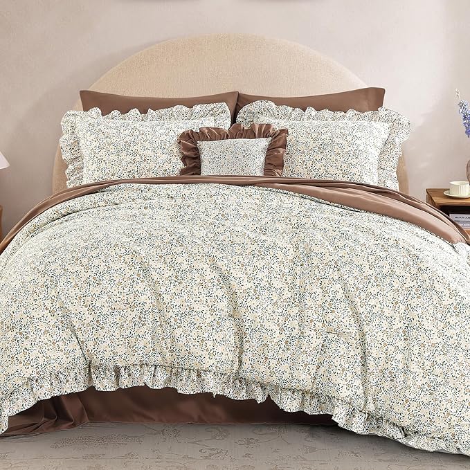 Queen Comforter Set - 7 Pieces Ruffle Beige Ditzy Bedding Sets, Shabby Chic Farmhouse Bed in a Bag Queen with Floral Comforter,Sheets, Pillowcases & Shams