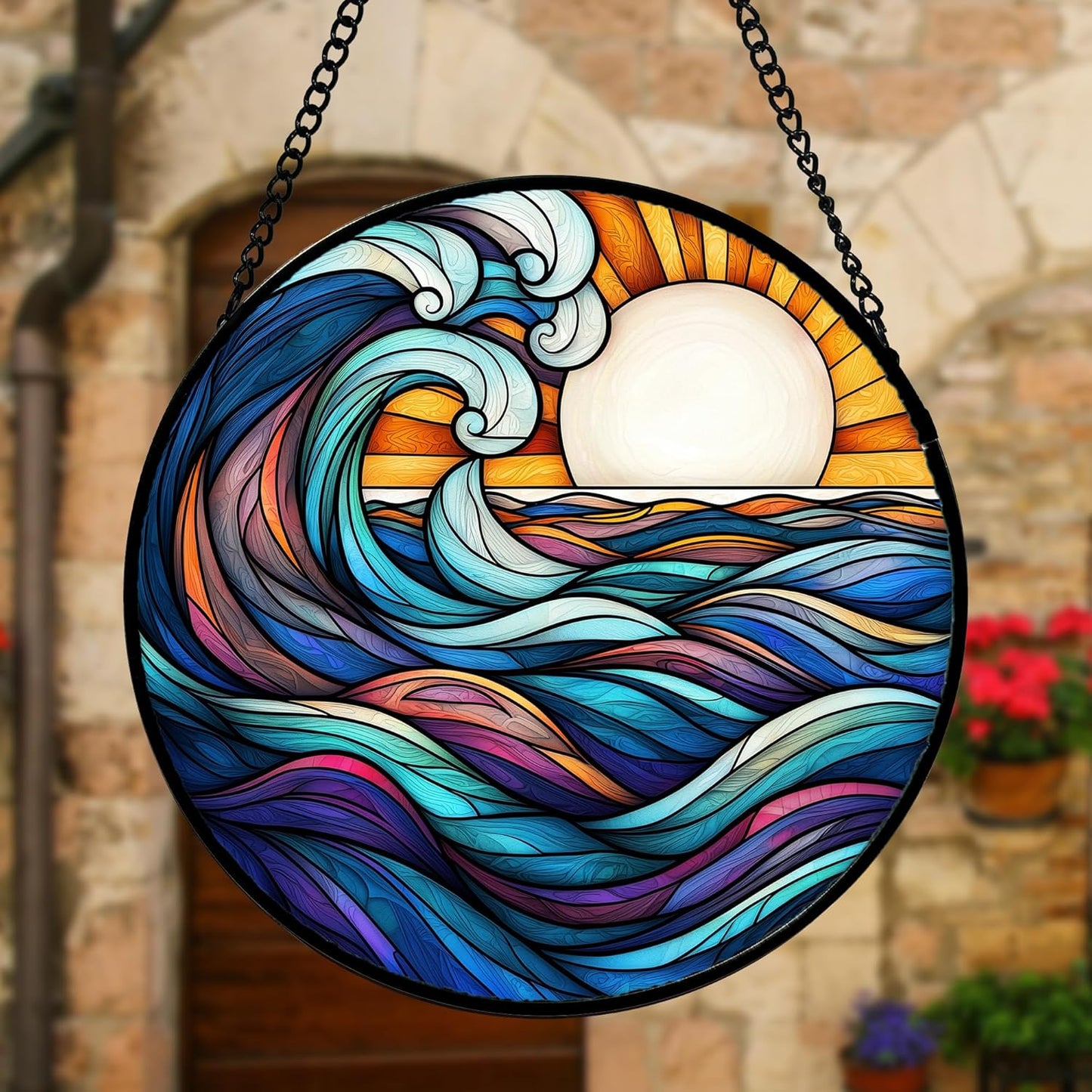 Stained Glass Window Hanging, Big Wave Sun Suncatcher Diamond Glass Panel Hangings Abstract Sun Catchers Decor for Birthday for Women, Men, Wife, Aunt, and Mom 11.8x11.8 in