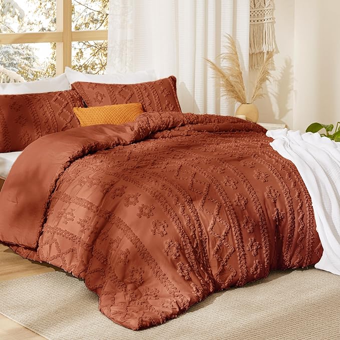 Bedsure Tufted Boho Comforter Set Queen Size - Terracotta Boho Bed Set, GentleSoft™ 3 Pieces Farmhouse Shabby Chic Embroidery Bedding, Gifts for Woman, Soft Jacquard Queen Comforter for All Seasons