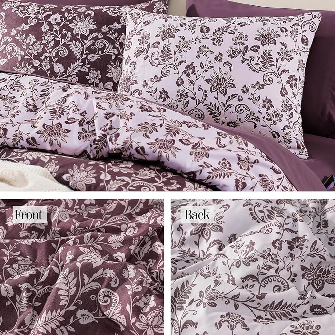 King Comforter Set -7 Pieces Floral Dark Purple Comforter Set for All Seasons, Bed in a Bag King with Botanical Flowers Comforter, Sheets, Pillowcases & Shams