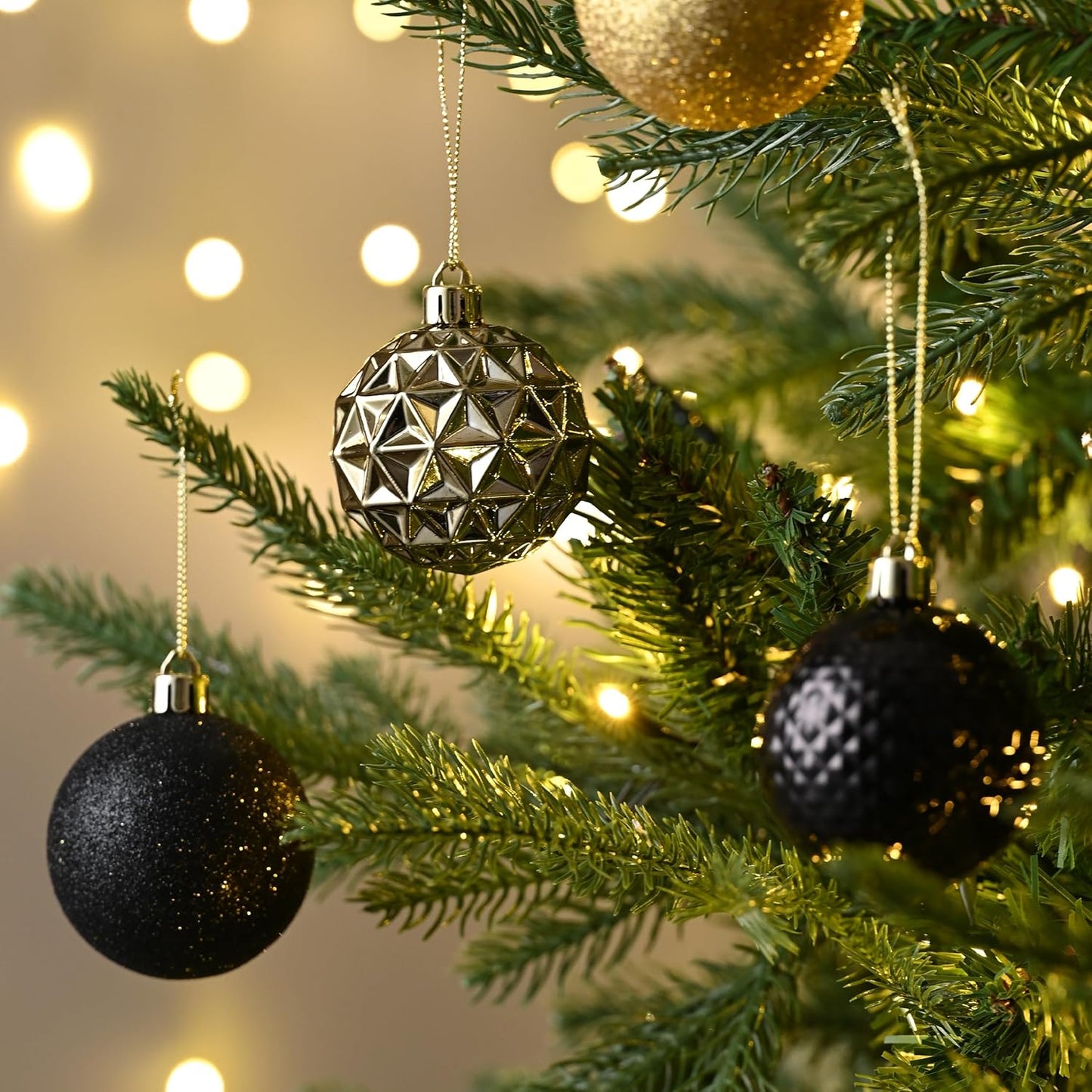 Valery Madelyn Christmas Tree Decorations Ornament Set for Fall Halloween, 50ct 2.36 Inches Black and Gold Shatterproof Christmas Ball Ornaments Hanging Xmas Holiday Party Decor