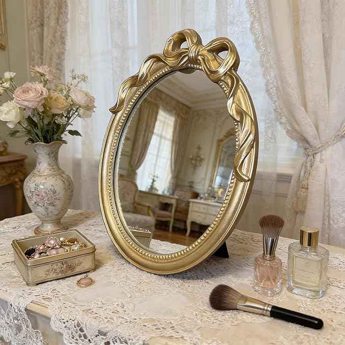 Vintage Vanity Desk Mirror - 13x10 Inch Wall-Mounted & Tabletop Decorative Ornate Gold Accent Retro Makeup Mirror for Bedroom Dresser Bathroom Living Room Dorm Oval