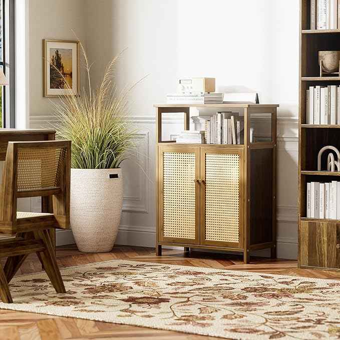HITNET Rattan Bathroom Floor Cabinet, Freestanding Bamboo Storage Cupboard with 2 Doors, Living Room Sideboard, Space Saving, Walnut