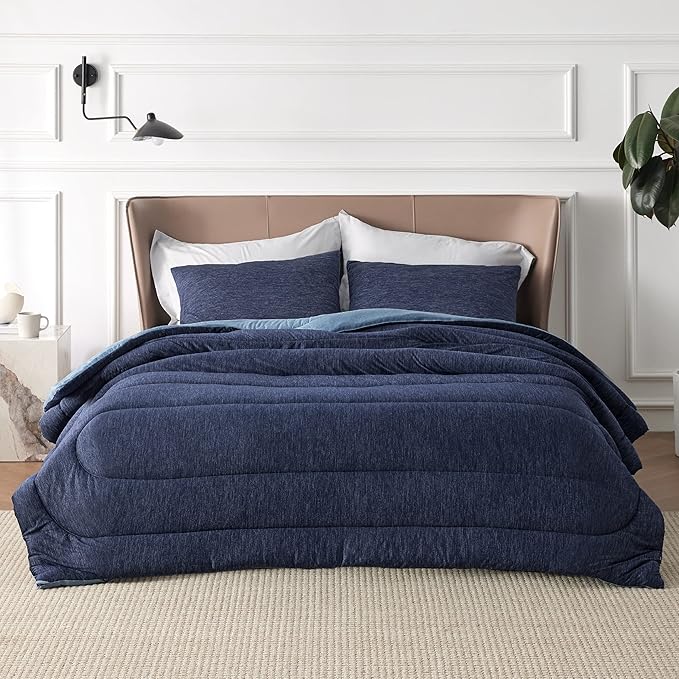 Bedsure Full Comforter Set - Cooling and Warm Bed Set, Navy Blue Reversible Bedding for All Season, 3 Pieces, 1 Full Size Comforter (82"x88") and 2 Pillow Cases (20"x26")