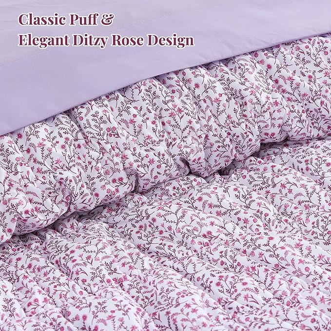 King Comforter Set - 7 Pieces Light Purple Puff Floral Bedding Sets for All Seasons, Shabby Chic Farmhouse Bed in a Bag King with Wildflowers Fluffy Comforter, Sheets, Pillowcases & Shams