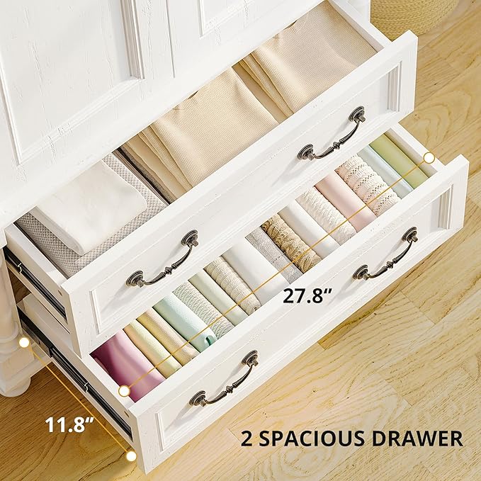LIKIMIO Farmhouse Armoire Wardrobe Closet with 2 Doors and 2 Drawers, 70" H x 36" W, Large Bedroom Armoire with Roman Column and 3 Hanging Hooks, Wooden Freestanding Closet Cabinet, White