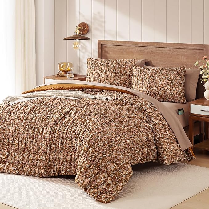 Queen Comforter Set-7 Pieces Brown Classic Puff Floral Bedding Sets for All Seasons,Shabby Chic Farmhouse Bed in a Bag Queen with Wildflowers Comforter,Sheets, Pillowcases & Shams