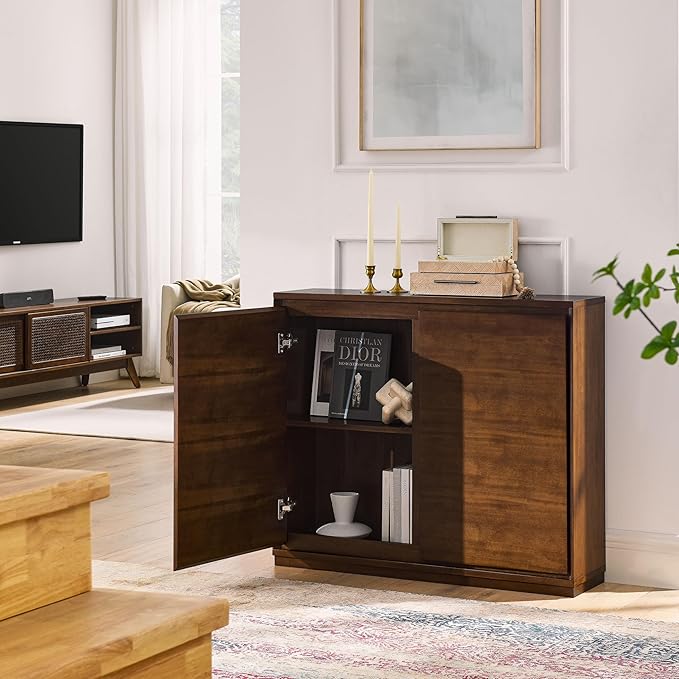 Ball & Cast 39″ Narrow Sideboard Cabinet with 2 Doors and 2 Outlet Holes, Mid Century Modern Credenza & Buffet Storage Cabinet for Living Room, Entryway,Kitchen Coffee Bar & Hallway, Walnut