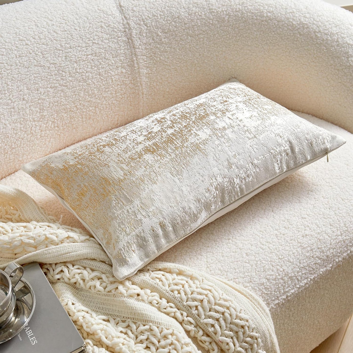 THE-TINOART Cream Beige & Gold Luxury Pillow Cover 12x20 - Embroidered Jacquard with Metallic Thread, Reversible Decorative Throw Pillow Cover for Sofa/Bed, Velvet Backing