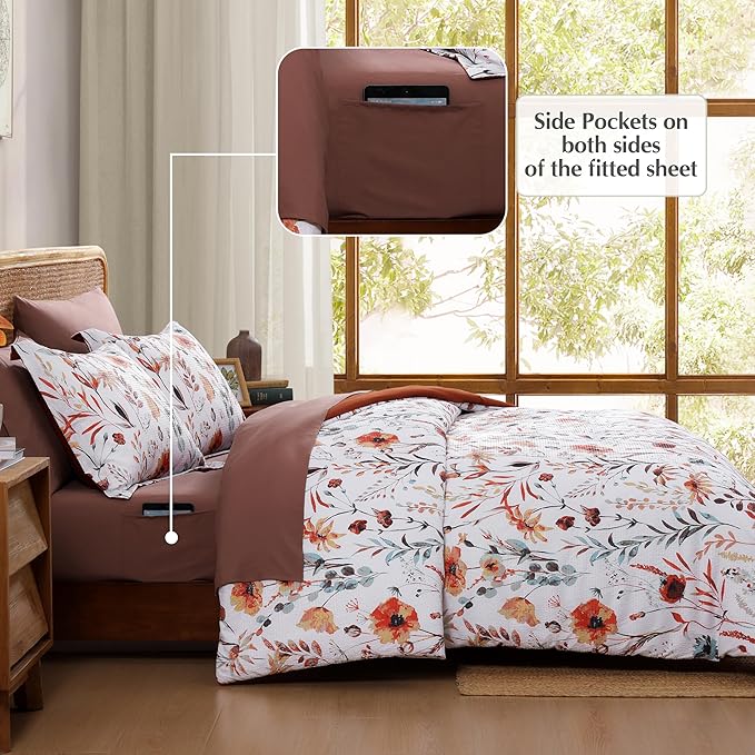 CASAAGUSTO Full Comforter Set, 7 PCS White Floral Comforter Set with Flowers Leaves Pattern, Soft Seersucker Design All Season Full Size Bedding Set(80"X90")