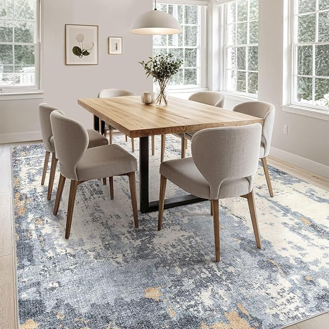 9x12 Area Rug Living Room Rugs - Washable Neutral Modern Abstract Soft Thin Rug Indoor Floor No Slip Rug Carpet for Bedroom Under Dining Table Home Office Decor - Blue/Light Brown